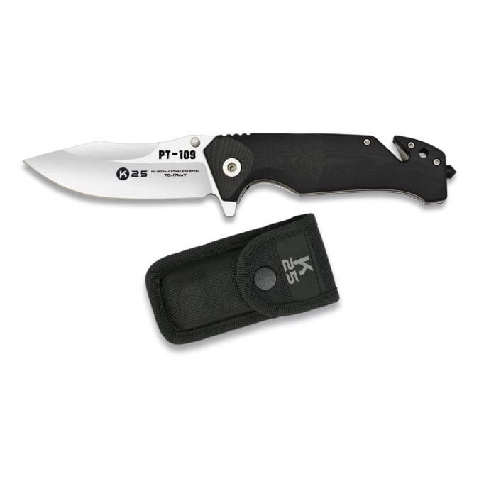 K25 K10 PT‑109 Black 9cm – Tactical Pocket Knife with Sheath
